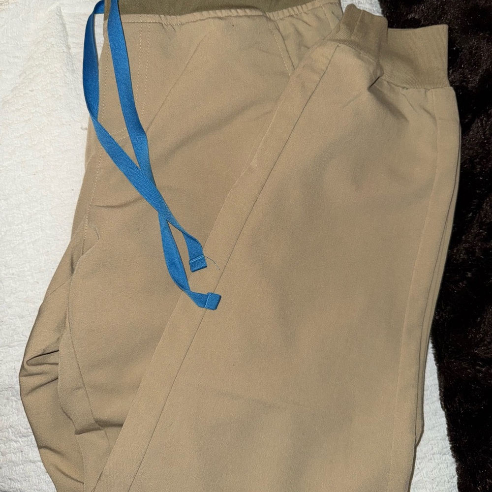 Figs womens Joggers in Tan with Blue Drawstring